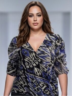 2 for $30 | Blue, Black & White Printed Wrap Blouse